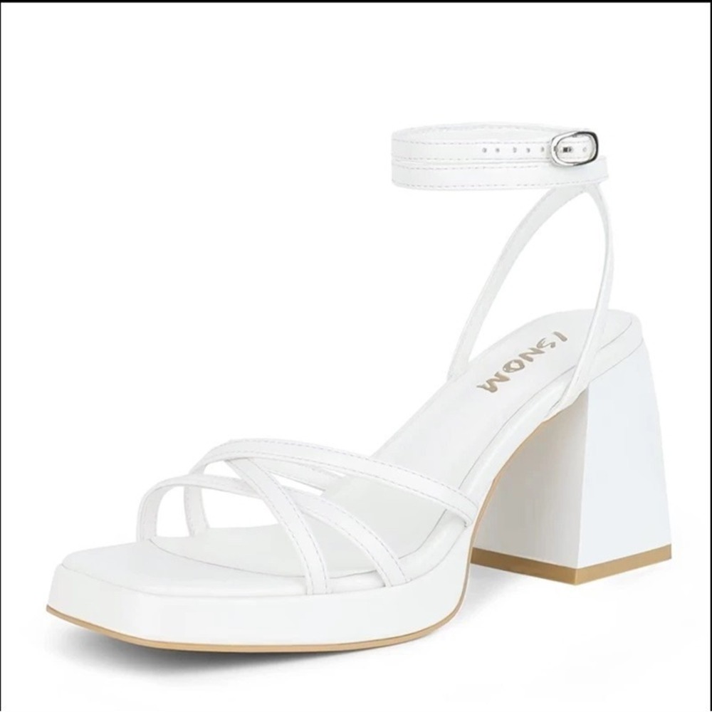 NWOT ISNOM 7.5 90's White Platform Heels Block Chunky Sandals Ankle Strap 126158
